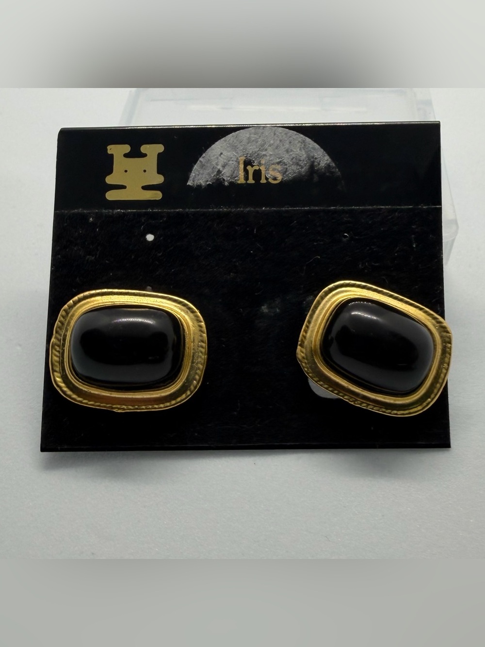 iris Black and Gold Cushion-Shape Clip Earrings